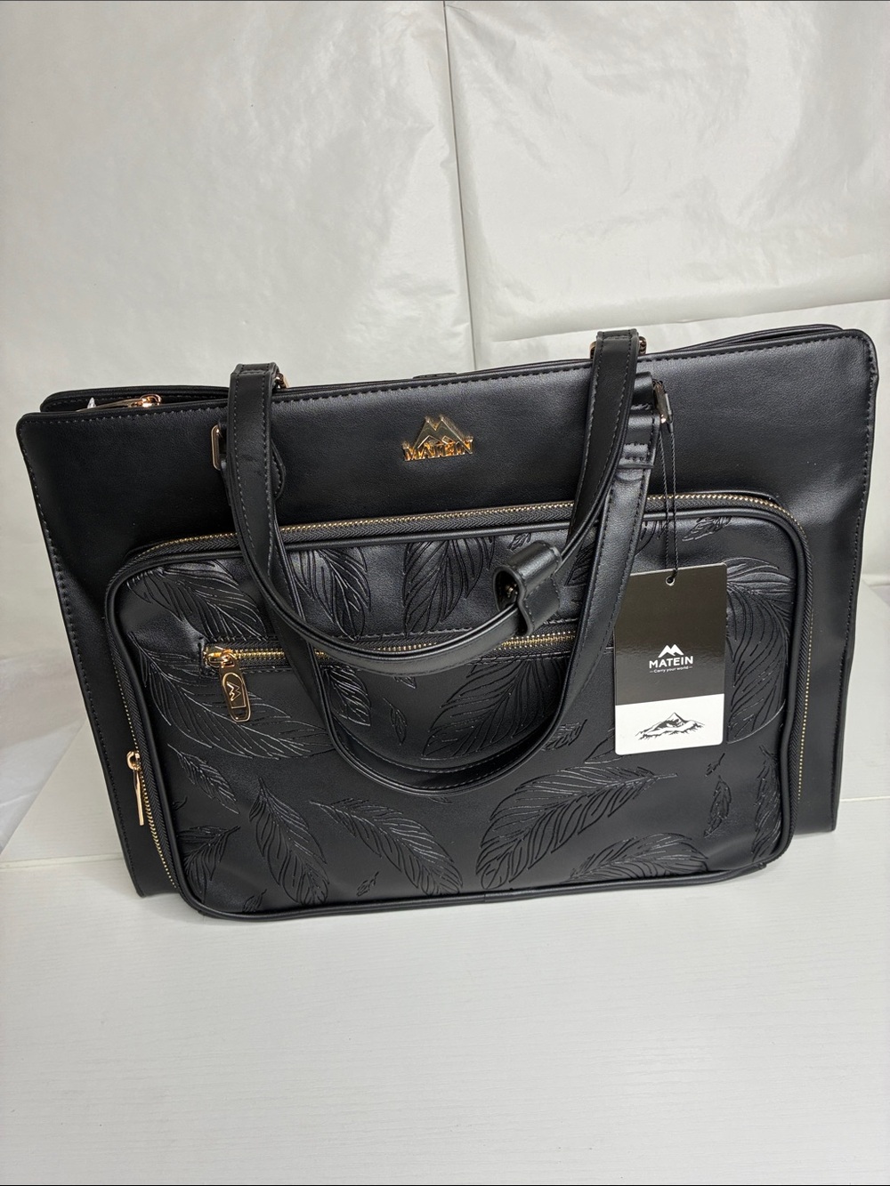 Matein Black Feather-Embossed Women's Laptop Bag